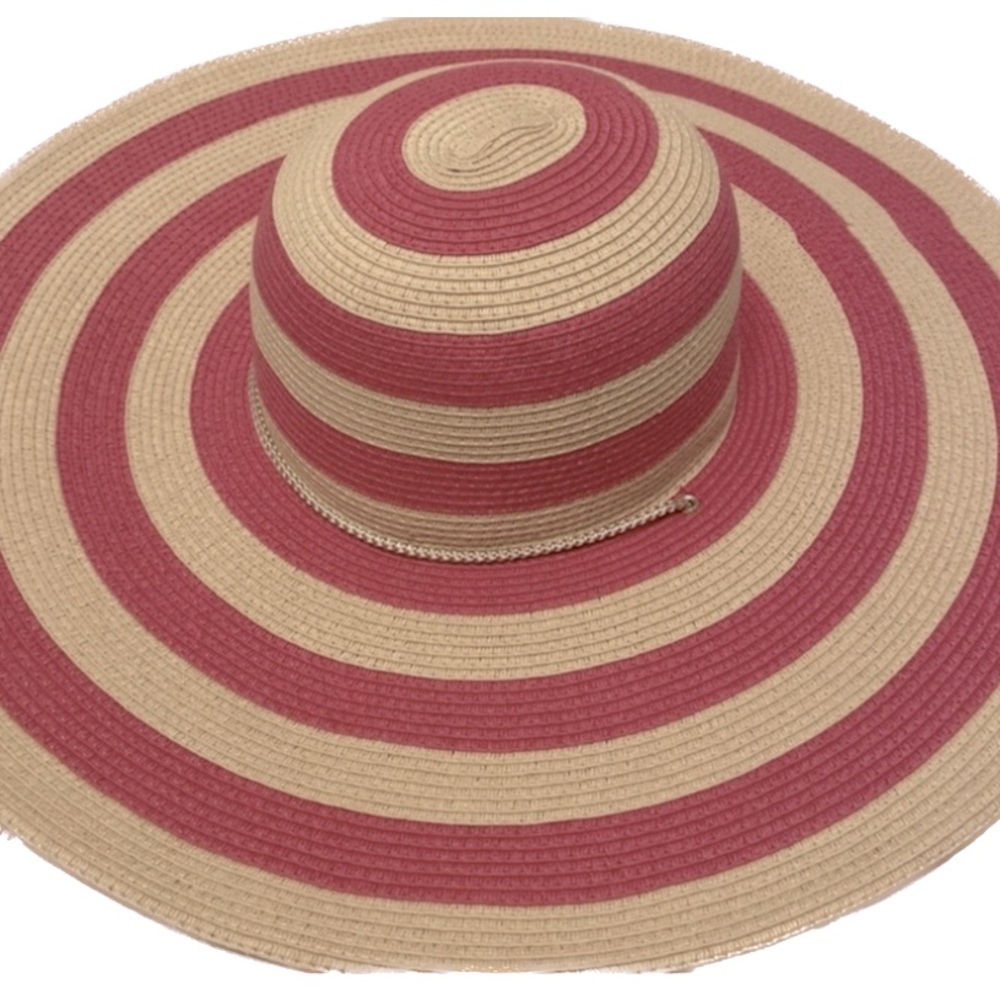 Wide brim woven hat with hot pink and straw  stripes